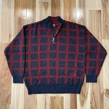 Vintage Descente Sweater Men L Plaid Red Gray Long Sleeve 1/4 Zip Pullover Warm