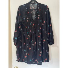 Old Navy Black Floral Print Pintuck V Neck Tunic Dress Women Size L Boho Peasant