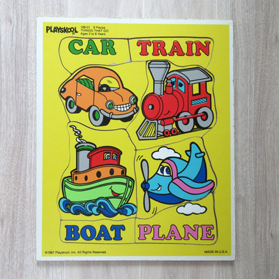 Vtg 1987 PlaySkool Wooden Puzzle ''Things That Go'' Vehicles Car Train Plane Boat