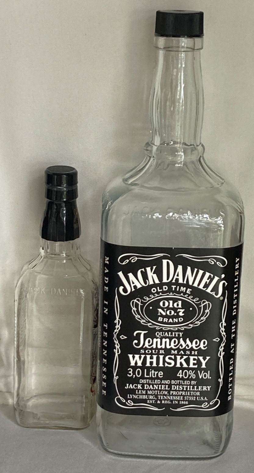 HUGE!!  Jack Daniels empty THREE (3) LITER Glass Bottle - NICE LABELS. W/CAP.