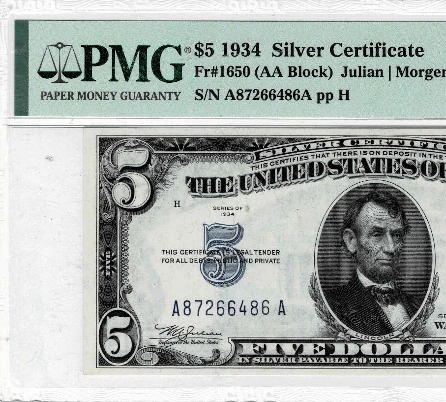 1934 $5 Silver Certificate note--fr.1650--AA Block--PMG CU 64 EPQ - Image 3 of 4