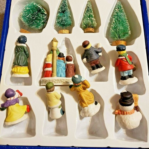 Atico 12 piece Winter Village Set - Porcelain Figures 1¾" -3" tall & Sisal Trees - Picture 3 of 12