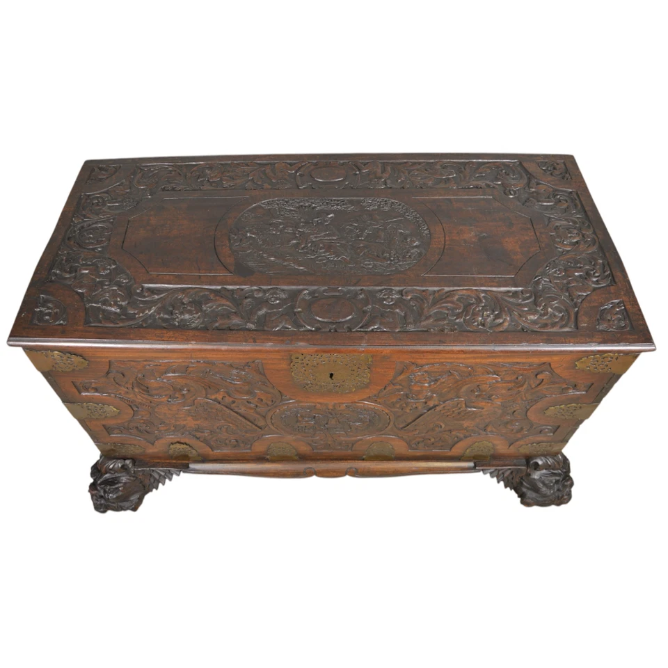 Antiguo baúl pictórico tallado excesivo - Caja Cass de la era victoriana temprana #22286 Foto 2 de 4