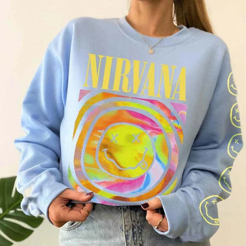 New Nirvana Smiley Face Crewneck Sweatshirt Casual hoodie Heliconia Color Giftš§„