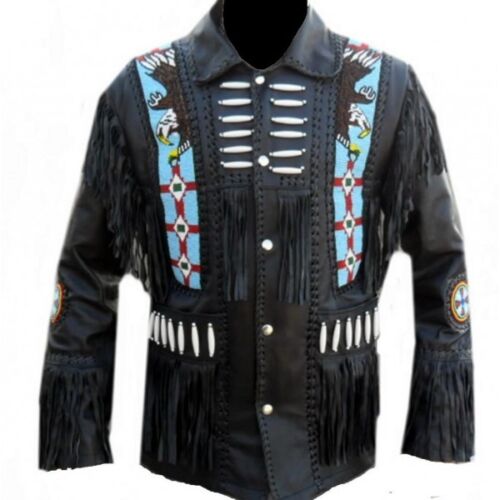 Men's Black Cowboy Jacket Fringes & Eagle Beads Coat - Picture 1 of 3
