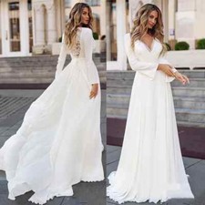 Customized Chiffon Illusion Back Long Sleeve Boho Wedding Dress Simple V-Neck