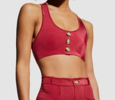 $176 OYE Women's Red Solid Lavinia Golden Buttons Swim Top Swimwear Size L