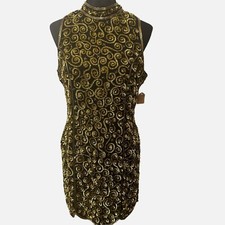 Vintage Scala Cocktail Dress Midi Silk Beaded Sequin Sleeveless 8 Gold Black