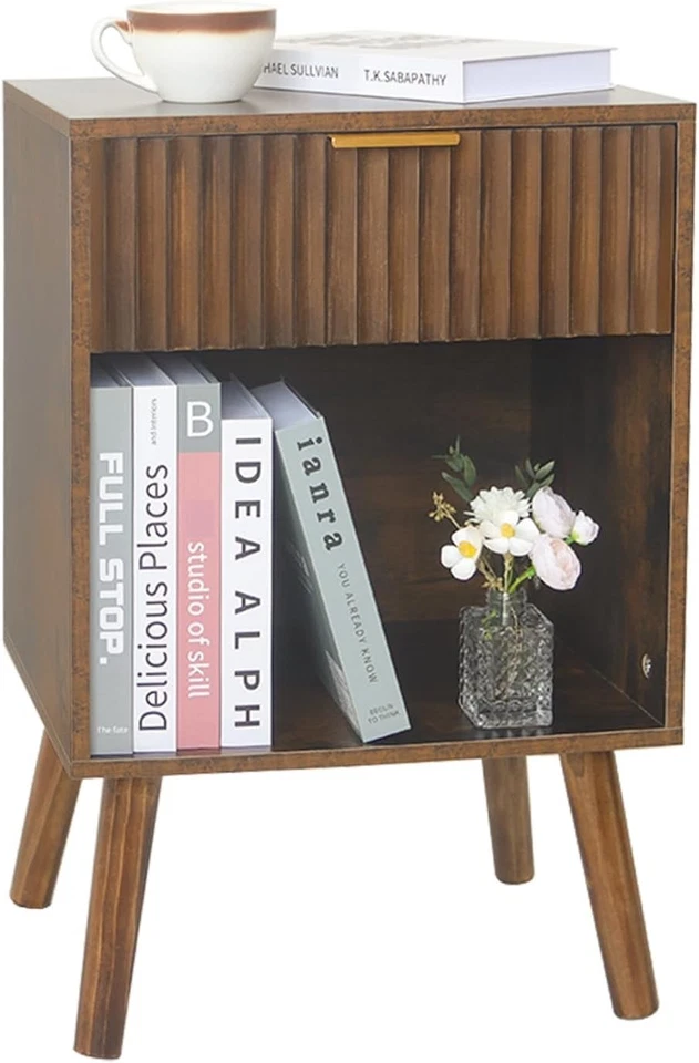 Mesita de noche moderna con cajón y almacenamiento mesita de noche rústica de madera marrón Foto 3 de 4