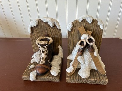Vintage Rustic Ski & Boot Bookends Heavy Resin Winter Lodge Cabin Decor Set