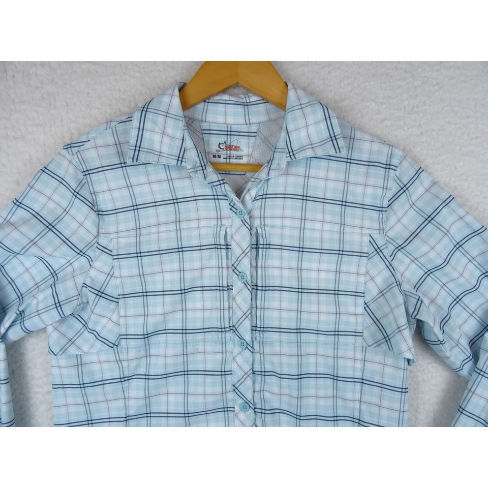 Camisa World Wide Sportsman para mujer talla mediana azul a cuadros con botones ventilados Foto 3 de 4
