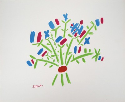 Pablo PICASSO Le Bouquet Bleu Blanc Rouge Lithografie Signiert (Fleur Arbre)