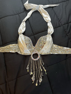 Bejeweled White Bra Silver Sequins Hand Beaded Belly Dancer Showgirl SIZE MEDIUM