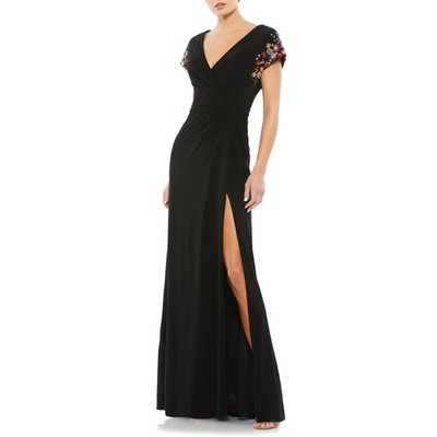 Mac Duggal 55709 Black Beaded Sleeve Faux Wrap Cocktail Gown Size 8 NWT