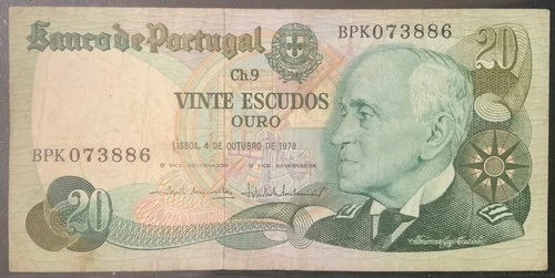 1978 PORTUGAL PAPER MONEY- 20 ESCUDOS OURO BANKNOTE!