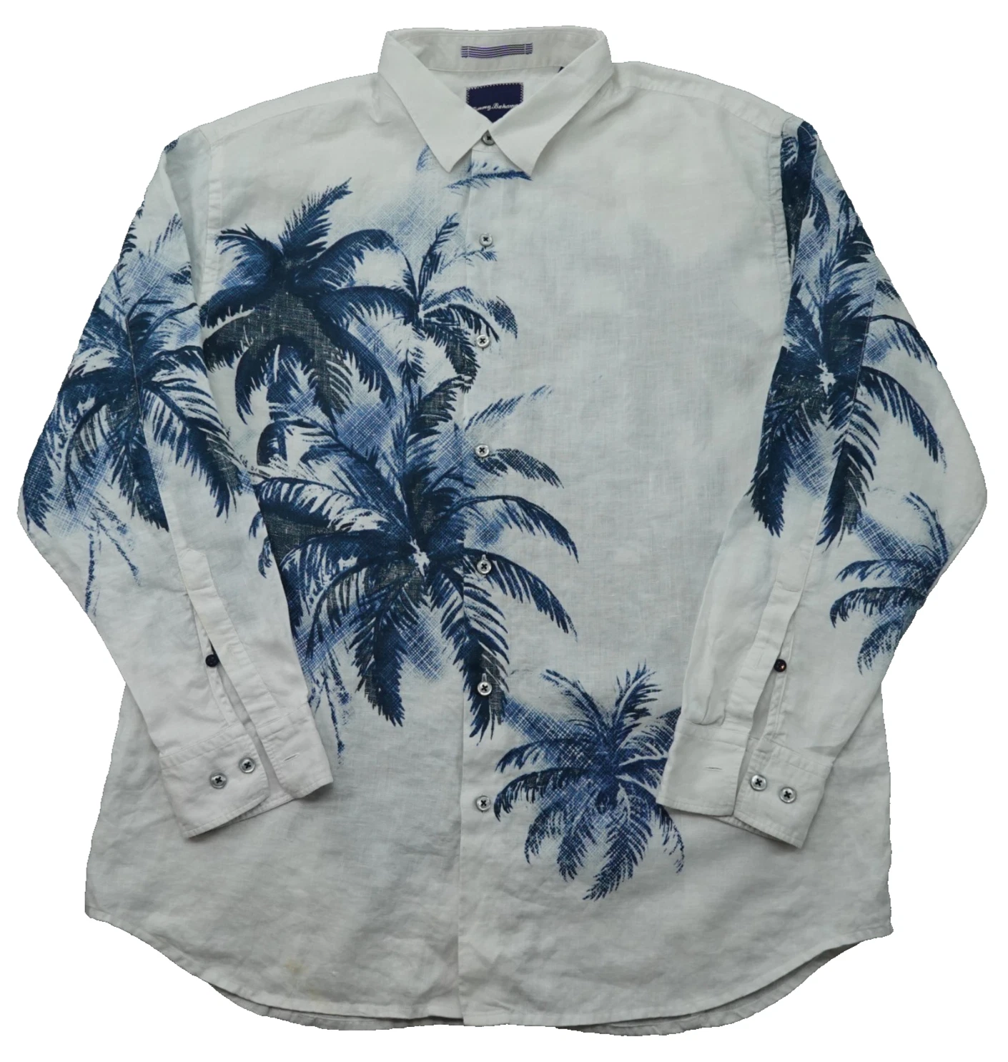 Tommy Bahama Hawaiian Shirt Mens XL Blue Fronds White LS Beach Linen $148