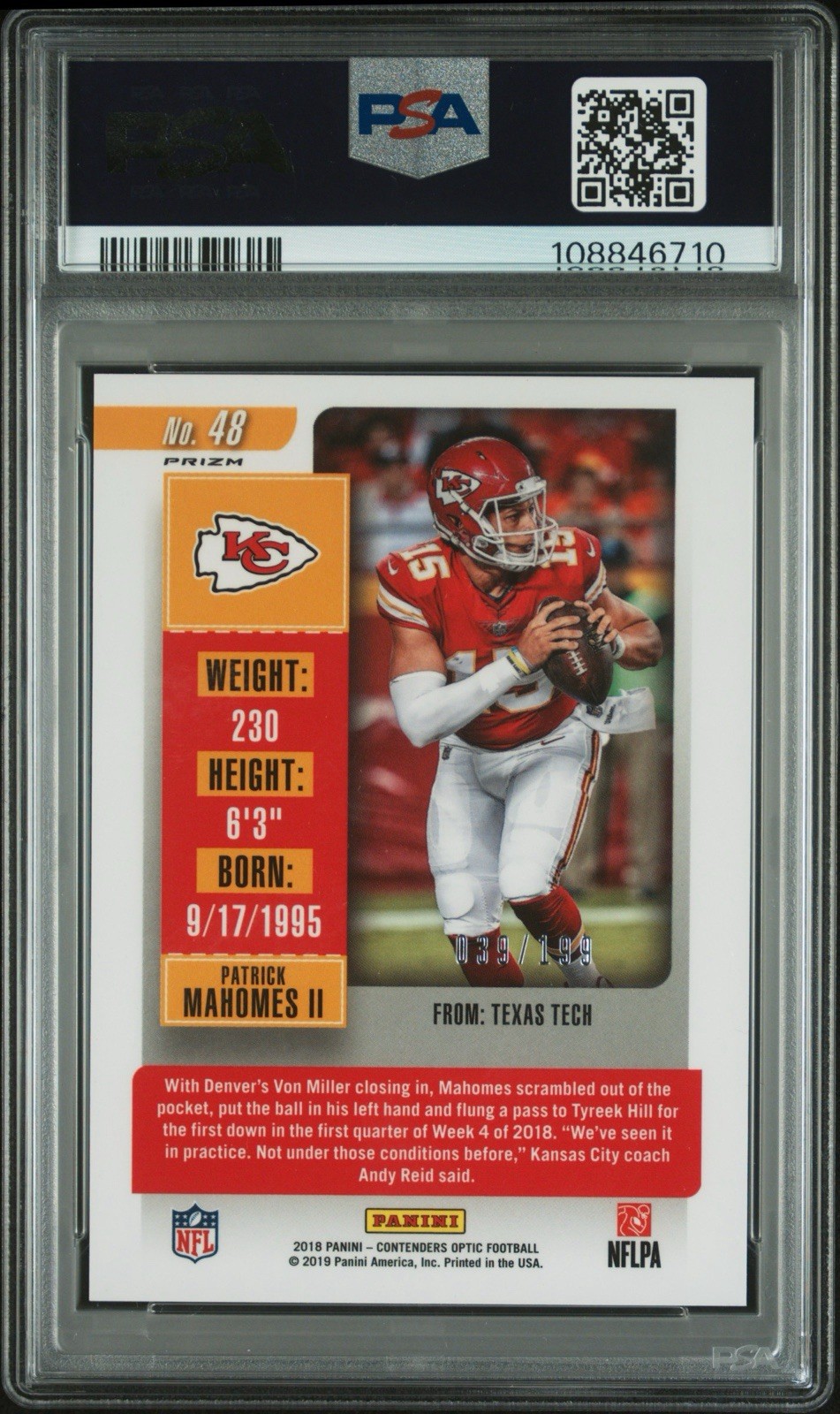 Patrick Mahomes 2018 Panini Optic Season Ticket Red Color Match /199 #48 PSA 10 view 2