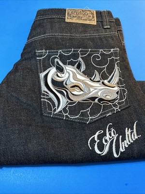VTG Ecko Unltd Grail Rhino Embroidered Jeans 34 Mens Black Y2K Skate Rare