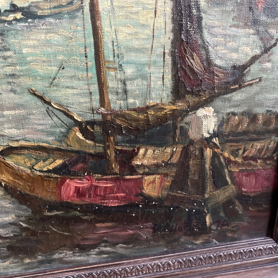 Antique Original Signed Oil On Canvas Painting Of Dutch Harbor   41x 29 framed. - Image 4 of 4