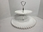 Fenton White Milk Glass Silver Crest 2 Tier Handled Tidbit Serving Tray Vintage