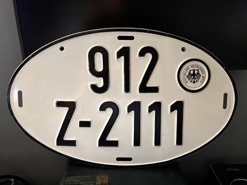German Oval License Plate 912 Z-2111 Braunschweig-Mitte White/Black Eagle Seal