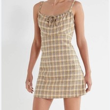 Urban Outfitters Yellow Plaid Mini Dress Tie Front Linen XS 