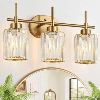 Modern Crystal Bathroom Vanity Light, 3-Light Brushed Gold Bathroom Light Fix...