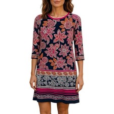 Eliza J Floral Printed Shift Dress 3/4 Sleeve Navy Pink Women Size 6