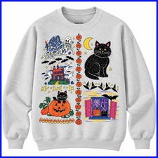 Vintage Halloween Black Cat Pumpkin Sweatshirt, Retro 90s Spooky Ghost Crewneck