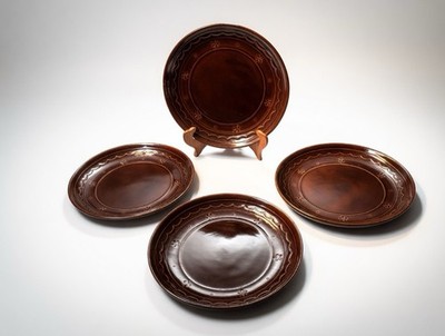 Vintage Marcrest Daisy Dot Stoneware Dinner Plates Set of 4 Oven Proof Brown 10''