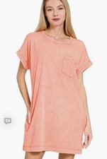 Zenana Premium Cotton Washed Tshirt Dress With Pockets, Coral, Size Large