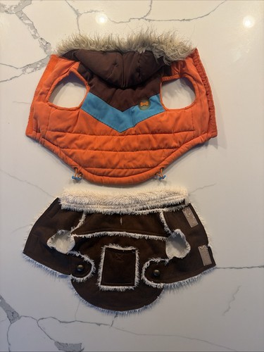 Lot of 2 Small Dog Winter Jackets – Orange Puffer & Brown Faux Shearling Coat