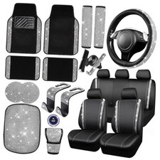 Bling Diamond Car Accessories Set for Women, Leather 23 PCS Silver Diamond