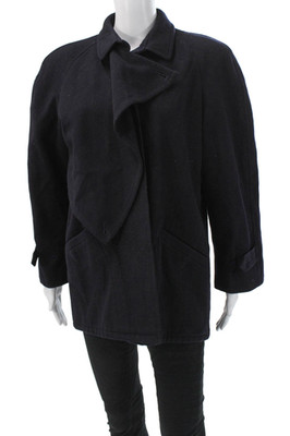 Max Mara Women Overcoat Black Wool Blend Collared Tie Long Sleeve Size M