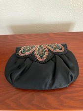 Clutch, black satin like material with exquisite colorful beadwork on the clasp