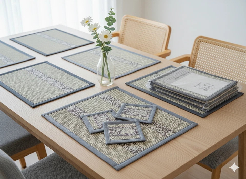 10.5" x 12.5" Silver Papyrus Reed Platemat & Coasters Thai Dinning Set 6 seats - Image 3 of 4