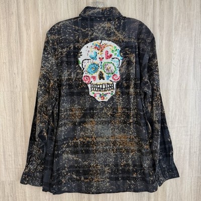 Angry Minnow Flannel Shirt Men s Sz L Bleach Splatter Sequin Sugar Skull Grunge