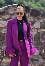 Zara Blazer With Feather Cuffs And Shoulder Pads & Trousers Purple Size M Co Ord