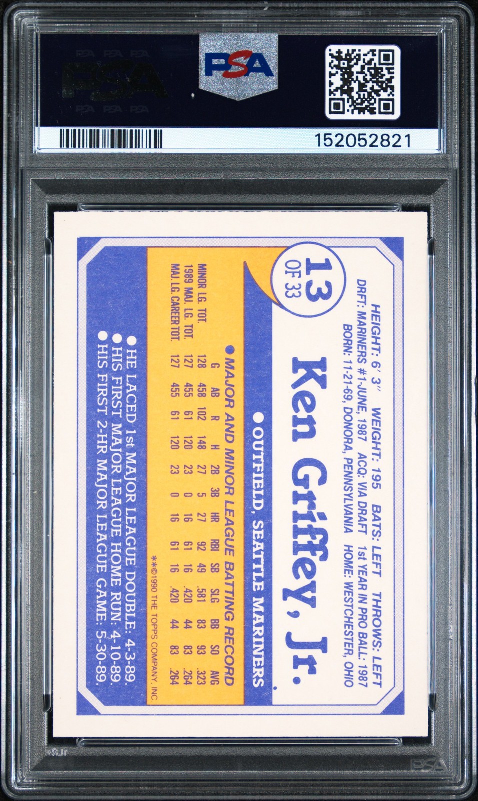 1990 TOYS R US ROOKIES #13 KEN GRIFFEY JR. PSA 10 view 2
