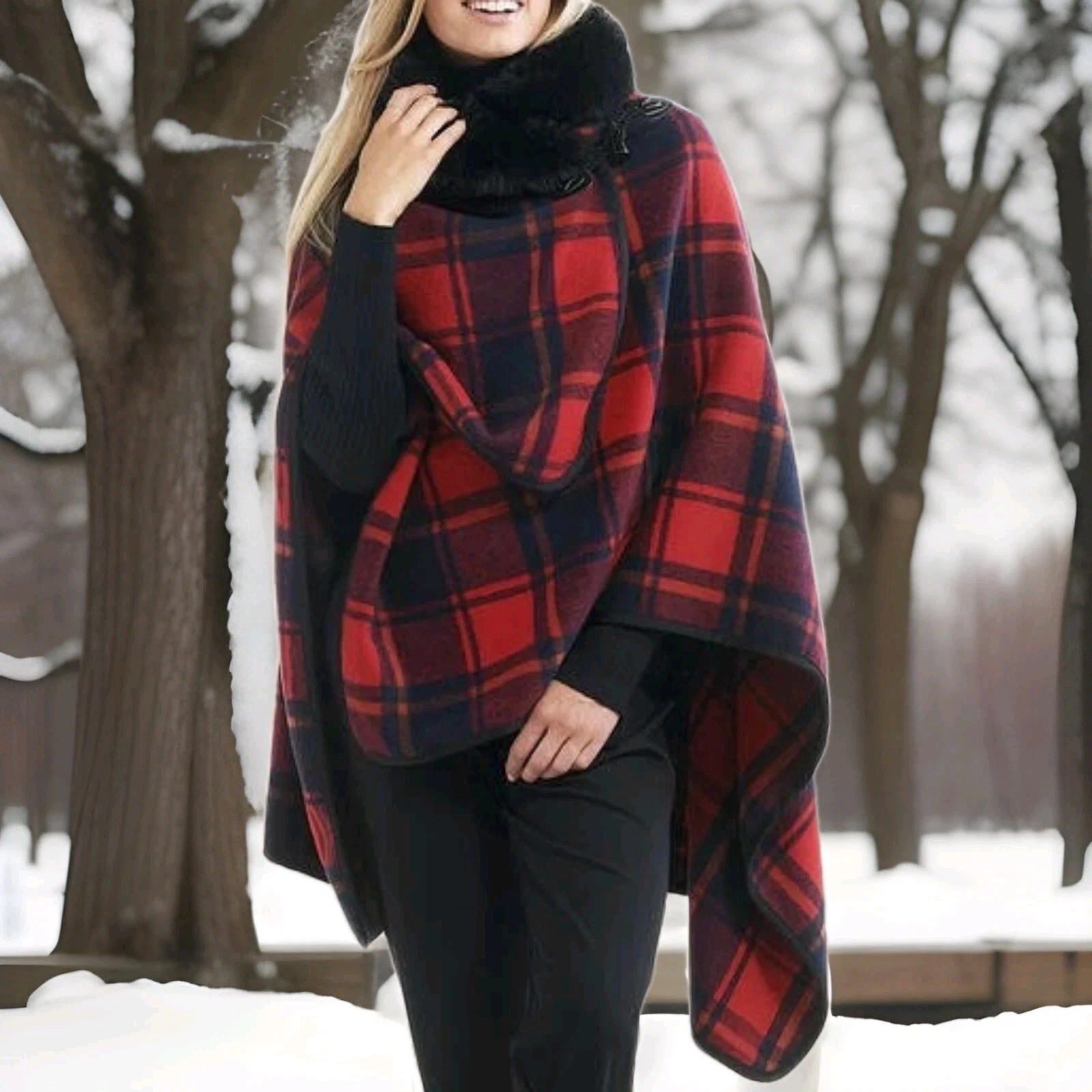 Women's Winter Poncho Cape One Size Faux Fur Tartan Plaid Warmdandcozy Coat New