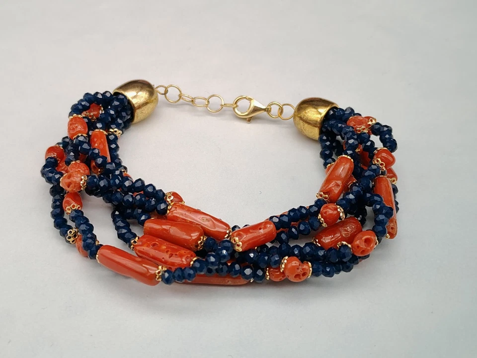 Bracciale donna corallo rosso di Sardegna vero agata blu zaffiro argento 925 - Immagine 2 di 4