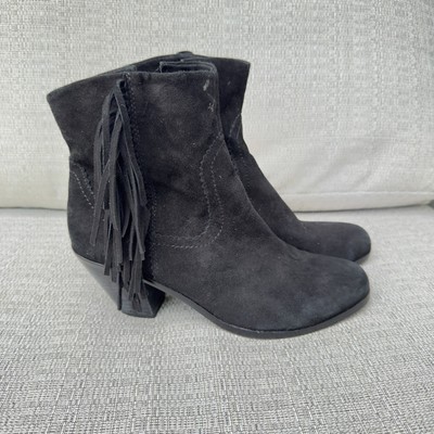 Sam Edelman Louie Boot Women's US Black Suede Fringe Ankle Side Zip Block  Heel