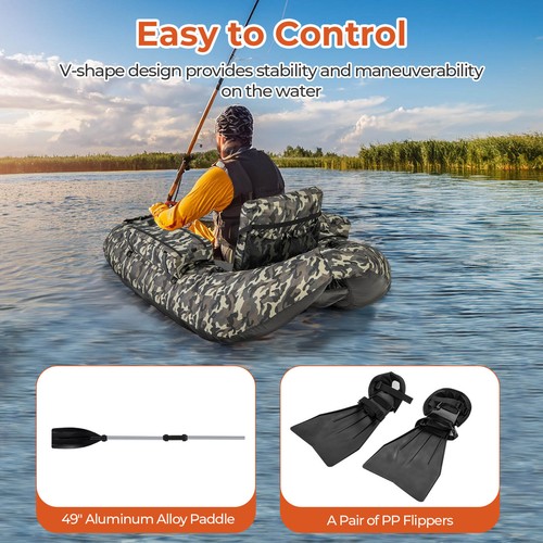 Inflatable Float Tube w/ Fish Ruler Rod Holder Storage Pockets Flippers Paddle - Picture 7 of 10