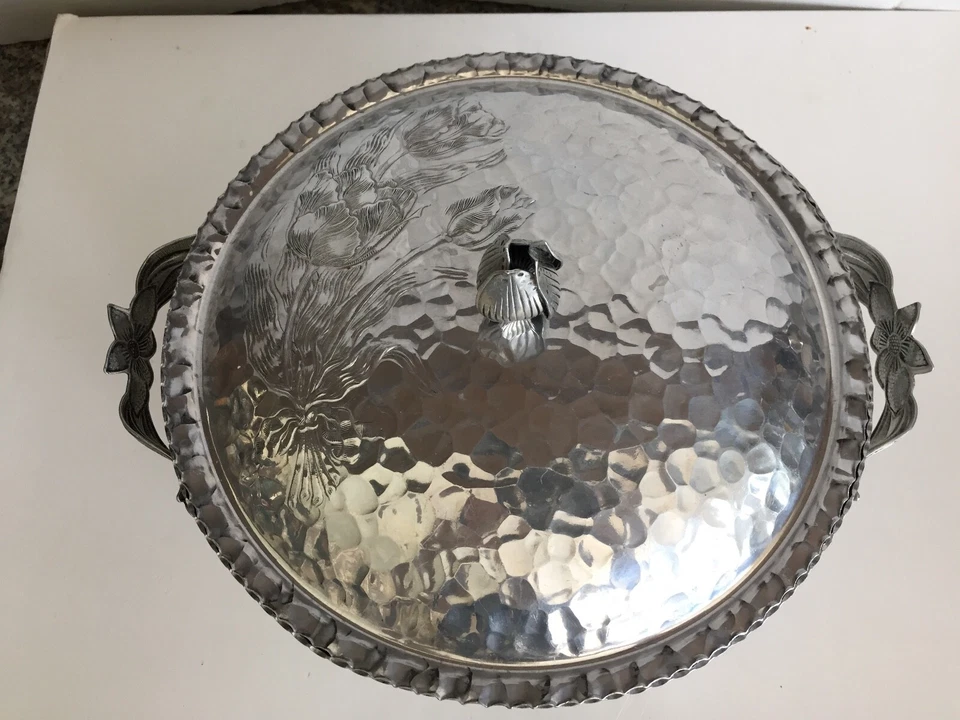 Mid Century Hammered Silver Bowl & Tulip Lid, Handles & Lid Etched Floral Design - Image 2 of 4