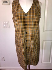 Ann Taylor LOFT office career buttonned sleveless plaid brown tan black dress 10