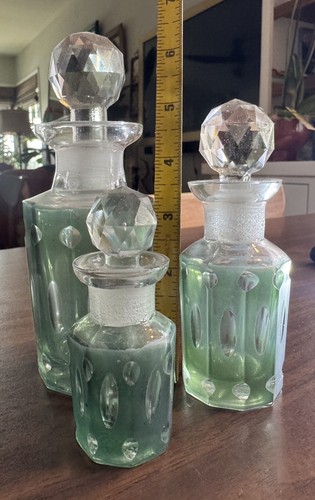 3 Vintage Retro Green Cut To Clear Perfume Bottles Restoration Hardware Set/ 3 - Picture 3 of 6