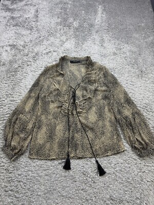 Ark & Co Top Women Small Cheetah Leopard Animal Puff Sleeve Ruffle Tassel Blouse
