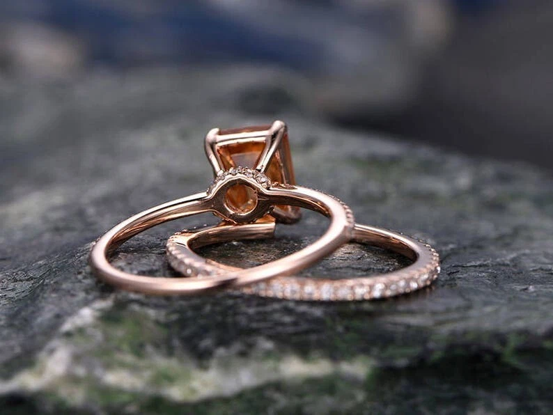 Juego de anillos de boda vintage de plata enchapados en oro rosa de 14 quilates citrino natural corte esmeralda Foto 4 de 4