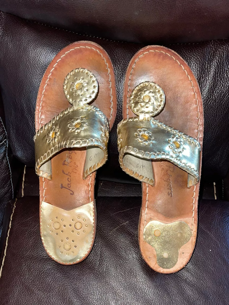 JACK ROGERS Navajo Handmade Leather Sandals Shoes Gold Flip flops