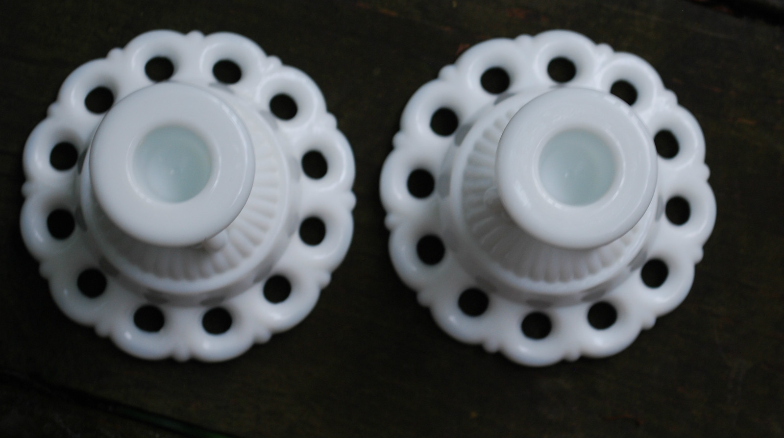 DORIC Westmoreland WHITE MILK GLASS Lacy Matched Pair of 2 CANDLESTICK HOLDERS 